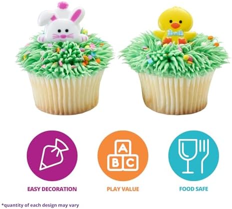 Duck & Bunny Easter Cupcake Rings, 24 Cute Spring Animal Cupcake Toppers, Food Safe Rabbit & Chick Cake Decorations - 24 Pack