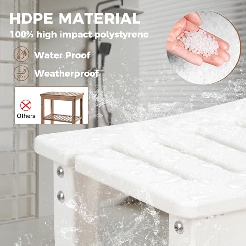 FLYJOE Shower Bench for Shaving Legs, Waterproof HDPE Chair Seat With Storage Shelf and Handles, Spa Stool for Bath Tub Bathroom Indoor Outdoor Use, White