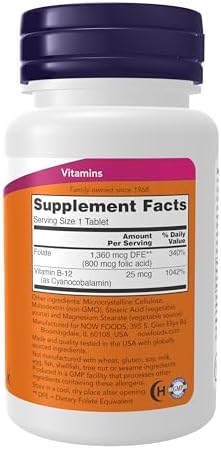 NOW Supplements, Folic Acid 800 mcg + B-12 (Cyanocobalamin) 25 mcg, B Complex Vitamin, 250 Tablets