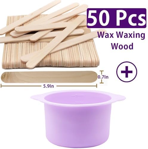 Silicone Wax pot Liner, Silicone Wax Bowl Warmer liner, Non-Stick Melt Pot Replacement, Reusable Melt Liner with 50 Pcs Waxing Sticks Body Hair Removal 14 oz Purple