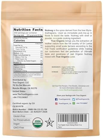 True Organic Ceylon Nutmeg Whole, Premium Grade, USDA & Kosher Certified, Gluten Free, Pure Ceylon Premium Quality 3.5 oz, Premium nutmeg for Cooking and Baking.
