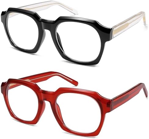 AMOMOMA 2 Pack Retro Square Reading Glasses for Women Men,Spring Hinge Blue Light Computer Reader Frame AM6190