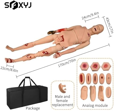 Trauma Patient Care Manikin Model, PVC Patient Wound Care Simulator with Wound Modules Advanced Anatomical, Full Body Life Size Burn Human Model for Nursing Medical Training Teaching Male Female