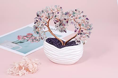 Jovivi Fluorite Crystal Heart Money Tree Healing Gemstone Bonsai Tree for Wedding Ceremony Reiki Balancing Energy Meditation Feng Shui Wealth & Good Luck Home Indoor Office Decor 7.87"-8.26"