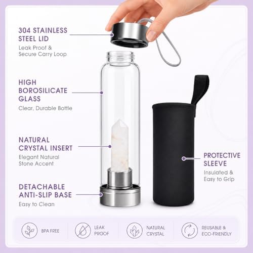 ChezMax Crystal Glass Water Bottle, Glass Water Bottles with Changeable Natural Crystal Center, Quartz Gemstone Water Bottle for Natural