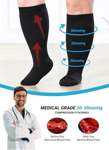 Plus Size Compression Socks 20-30mmHg Wide Calf for Men Women, Extra Large Compression Stockings Support for Running, Travel, Nurses, Pregnancy (3 Pairs)