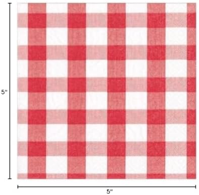 Caspari Gingham Paper Cocktail Napkins in Red, Two Packs of 20