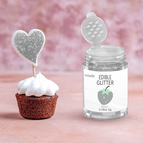 Silver Edible Glitter Glimmer Powder for Cakes Drinks - Colaele 5 grams Food Grade Luster Dust Metallic Food Decorating Sprinkle Disco Brew Dust for Cake Decorations Wine Beverage Candy Dessert, Vegan