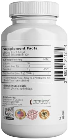 HEALTH LFE Lecithin 1200mg, High Potency, 120 Softgels, Natural Combination of Essential Fatty Acids to Support Brain & Nerve Function- Lecithin Food Grade, 1200mg per Serving, Dietary Supplement