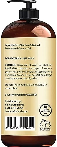 Handcraft Blends Fractionated Coconut Oil - 16 Fl Oz - 100% Pure and Natural - Premium Grade Carrier Oil for Skin, Hair and Body - Massage - Hair Tonic