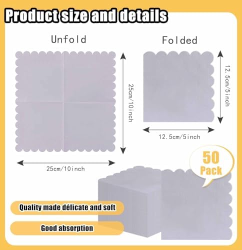 HEIPINIUYE 50 Pieces 2-ply Silver Paper Napkins Disposable Scalloped Cocktail Napkins Beverage Napkin for Wedding Birthday Christmas Party Paper Dinner Napkin