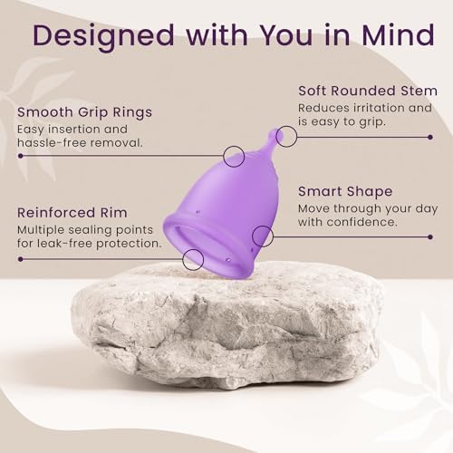 EcoBlossom Reusable Menstrual Cup and Case - The Most Reliable Medical Grade Silicone Period Cups - Comfortably use for 12 Hours (Large (Pack of 2), Round Stem & Case)