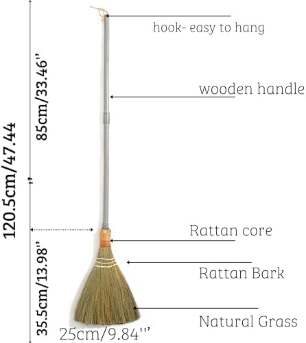 Vietnamese Straw Soft Broom - Small Whisk Broom with Grey Handle - Natural Sweeping Broom for Indoor, Outdoor Use - 9.84'' Width, 47.44'' Length