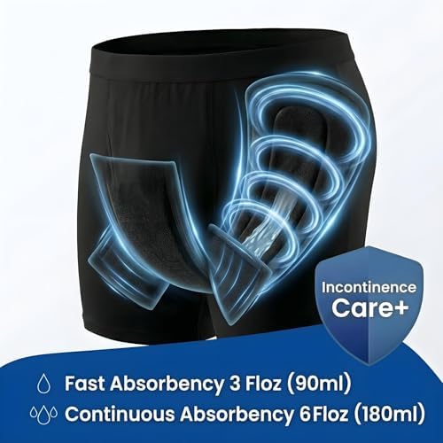 Reusable Incontinence Underwear for Men, Washable Leakproof Boxer Briefs with Side Leak Guards, 6 fl oz Max Sustained High Waist (Black, XXX-Large)