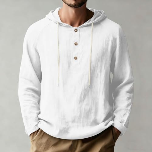 Mens Linen Shirts Long Sleeve Henley Casual Lightweight Cotton Hoodie Top Summer Fashion Loose Beach Vacation Clothes