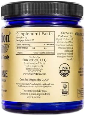 Sun Potion Lion’s Mane Mushroom Powder – Wildcrafted Full Spectrum Hericium Erinaceus, Brain, Focus & Memory Support, Adaptogenic Nootropic Mushroom, No Fillers, 100g