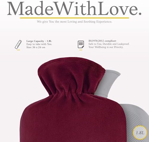 Qomfor Hot Water Bottle with Soft Fleece Cover - 1.8L Large - Premium Hot Water Bag for Pain Relief, Period Cramps, Cozy Nights, Bed Warmer, and Feet Warmer (Bordeaux)