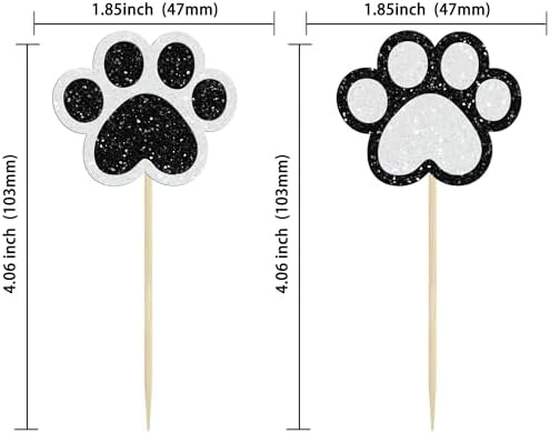 Gyufise 24Pcs Paw Cupcake Toppers Glitter Dog Paw Cake Decorations Black White Glitter Puppy Cupcake Toppers for Baby Shower Boys Girls Birthday Party Cake Supplies