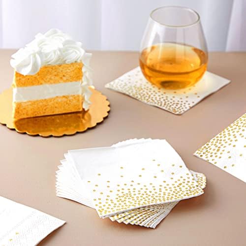 Juvale White & Gold Polka Dot Paper Cocktail & Beverage Napkins - 5 x 5 In, 100-Pack, 3-Ply Disposable - Wedding Cocktail Napkins for Bridal Showers & Anniversary Parties