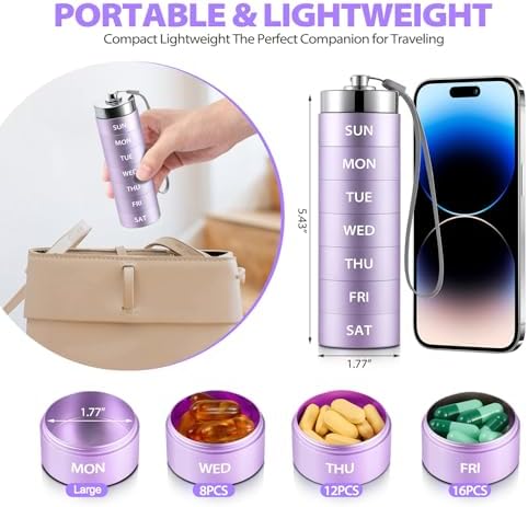 Large Weekly Pill Organizer, Metal Travel Pill Box, Portable Aluminum Alloy Waterproof Container, 7 Day Daily Medicine Organizer Holder for Vitamin, Fish Oil, Supplement, Purple