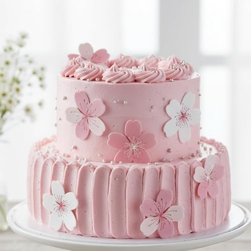 90Pcs Flowers Cake Topper Wafer Paper Cupcake Toppers Pink Floral Cherry Blossom Cake Decorations for Cupcakes Birthday Party Wedding Supplies