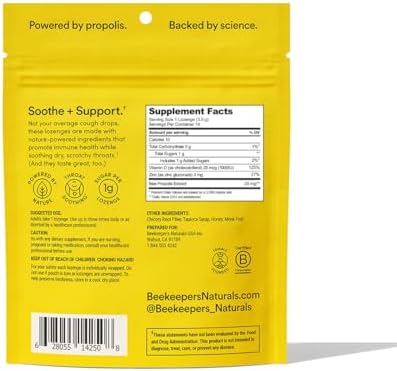Soothing Honey Cough Drops - Immune Support with Vitamin D, Zinc and Propolis - by Beekeeper's Naturals - Throat Soothing Lozenges, 14 Ct