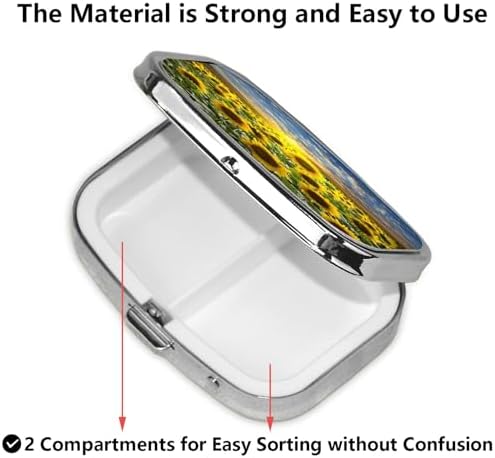 ABLESKY Pill Box, 2 Compartment Pill Organizer Case for Pocket or Purse, Small Portable Metal Travel Medicine Box with Mirror, Daily Vitamins Fish Oil Container-Sunflower