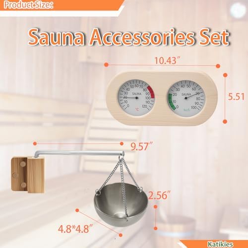 Sauna Accessories Kit, Bucket and Ladle Set, Thermo-Hygrometer, Hourglass, Aromatherapy Bowl Oil Cup Holder, 5-Pack (Pine) (Wood)