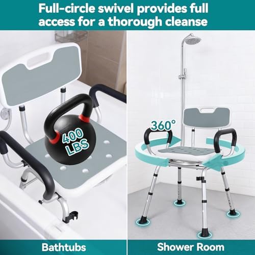 Swivel Shower Chair: 400 lbs Heavy Duty Shower Chair for Elderly Disabled Injured - Height Adjustable Shower Stool with Arms & Back - Non-Slip Rotating Shower Bench Seat for Tubs (Light Gray)