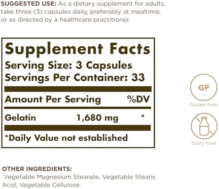 Solgar Gelatin 1680 mg, 100 Capsules - Natural Gelatin - Supports Bone, Joint & Skin Health - Gluten Free, Dairy Free - 33 Servings