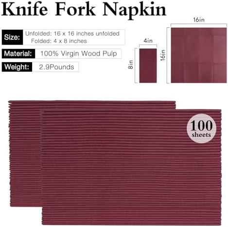 Burgundy Disposable Napkins with Built-in Flatware Pocket, Linen Feel Prefolded Dinner Napkins for Evening Parties, Weddings, Christmas, Cloth Like Paper Napkins, 100Pack