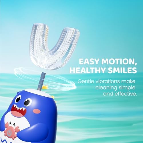 Well Before Kids U Shaped Electric Toothbrush with 5 Brush Heads, Ultrasonic, 5 Modes, IPX7 Waterproof Design (Shark, Blue Ages 2-7)
