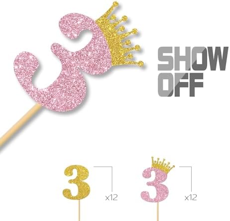 3rd Birthday Cupcake Toppers/Children Girls 3rd Birthday Cupcake Toppers/Crown Three Years Old/Kids Bday Party Decorations Number 3 / Glitter - 24 Pcs