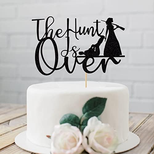 The Hunt is Over Cake Topper, Funny Guns Themed Bride & Groom Wedding/Engagement/Bridal Shower Party Cake Decorations, Black Glitter