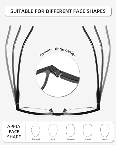 JM 4 Pack Square Reading Glasses, Spring Hinge Readers for Men Women, Mxied Color +2.75