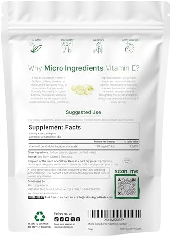 Micro Ingredients Vitamin E 400IU, 300 Softgels | Pure Vitamin E Oil Pills | Antioxidant Supplements for Skin, Face, Heart, & Immune Health | Non-GMO, Gluten Free*