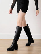 Shoe'N Tale Platform Knee High Boots for Women Block Chunky Heel Round Toe Side Zipper Tall Boots