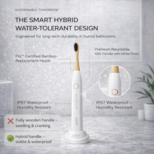 Sustainable Tomorrow Zen Bamboo Electric Toothbrush, Durable Wood-Grain ABS Handle, Rechargeable w/Plant-Based Soft Bristles, Bamboo Heads, 5 Modes & 30-Day Battery (White)