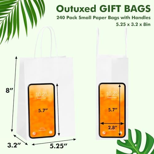 OUTUXED 240pcs White Paper Bags with Handles, 5.25x3.2x8 Inches Small White Gift Bags Bulk for Valentines, Christmas, Shopping, Birthday, Wedding and Business Party