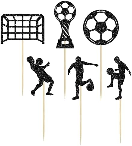 24Pcs Soccer Cupcake Toppers Glitter Soccer Ball Cupcake Picks Sport Cake Decorations Football Theme Birthday Party Baby Shower Kids Boys Men Birthday Party Favors Supplies Black