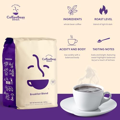 Coffee Bean Direct Breakfast Blend, Whole Bean Coffee, Mild and Mellow, Mixed Roast Level, 5 Pound Bag (Pack of 1)