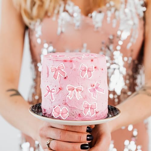 30PCS Edible Bow Cupcake Toppers Wafer Paper Bowknot Cake Decoration She is Trying the Knot Cupcake Toppers Edible Coquette Bows for Bow Theme Birthday Party Decoration Supplies (Pink)