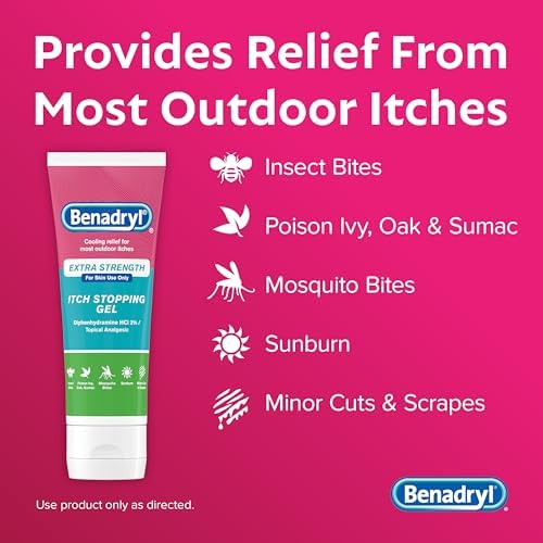 Benadryl Extra Strength Anti Itch Relief Gel, 2% Diphenhydramine HCl, Relief from Insect Bites, Sunburn & More, Great for Camping Essentials, 3.5 fl oz