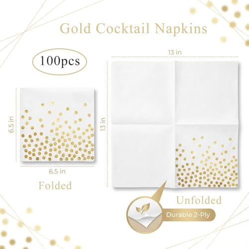 Stylish Paper Napkins 100 Packs,6.5" White Napkins with Gold Polka Dots Design,Great Cocktail Napkins,Dinner Napkins Disposable for Easter Wedding Birthday Party or Daily Use
