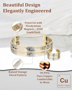 BioMag Copper Bracelet & Ring for Women, 99.99% Pure Copper Magnetic Bracelet Lymphatic Drainage Rings with 3500 Gauss Magnets, Adjustable & Flower Pattern (Gold Base with Silver)