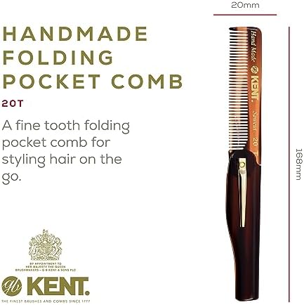 Kent 20T Handmade Folding Pocket Comb for Men, Fine Tooth Hair Comb Straightener for Everyday Grooming Styling Hair, Beard or Mustache, Use Dry or with Balms, Saw Cut Hand Polished, Made in England