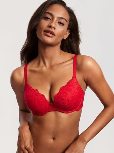 DOBREVA Women's Push Up Lace Bra Underwire Plunge Full Coverage Bras Sexy Plus Size Support