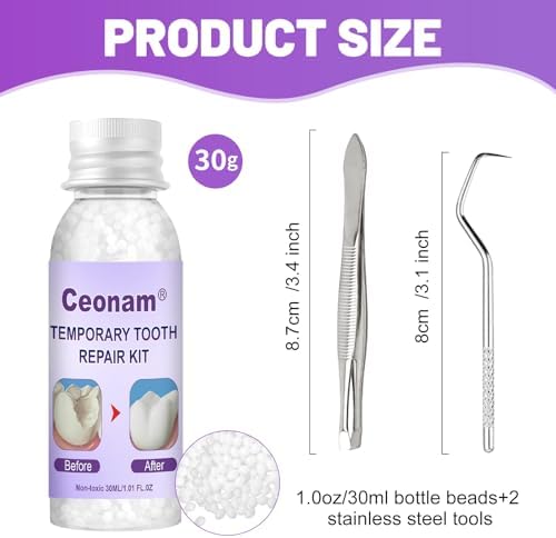 1.0oz / 30ml Moldable Tooth Repair Kit with Stainless Steel Tweezers and Dental Pick, Temporary Tooth Replacement Thermal Beads for Broken or Missing Teeth, Denture Repair, and DIY Oral Care