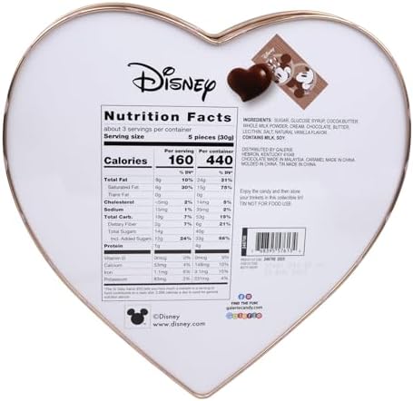 Nostalgic Mickey and Minnie Heart Tin, Caramel Filled Milk Chocolates Inside, Individually Wrapped Pieces, Valentine's Day Candy Gift Box, 2.96 Ounces