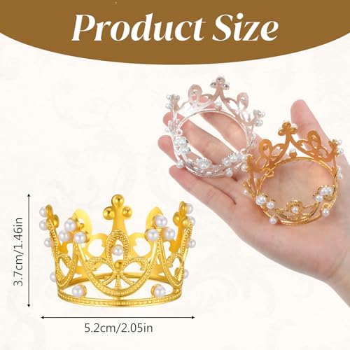 2PCS Mini Crown Cake Topper, Pearl Tiara, Princess Crown, Tiny Queen Tiara Cupcake Topper for Flower Bouquets, Wedding, Birthday, Baby Shower, Party Decor, Bridal, Royal Themed Decor (Gold, Silver)